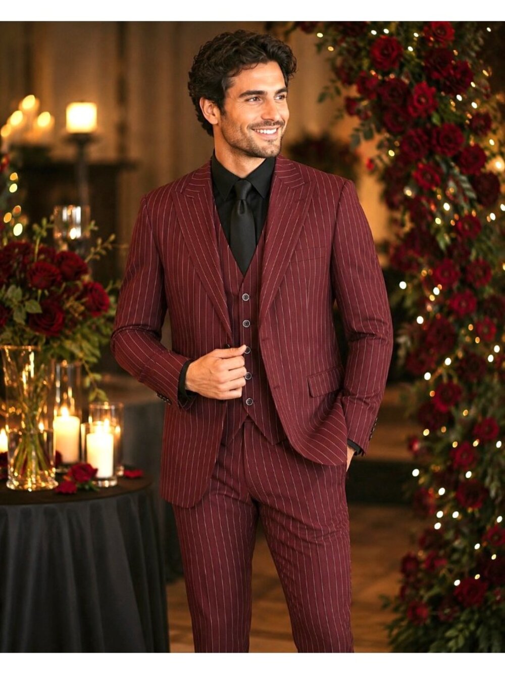 Vinci Mens Burgundy Pinstripe 3-Piece Suit 40R x 34 Special Occasion Wedding